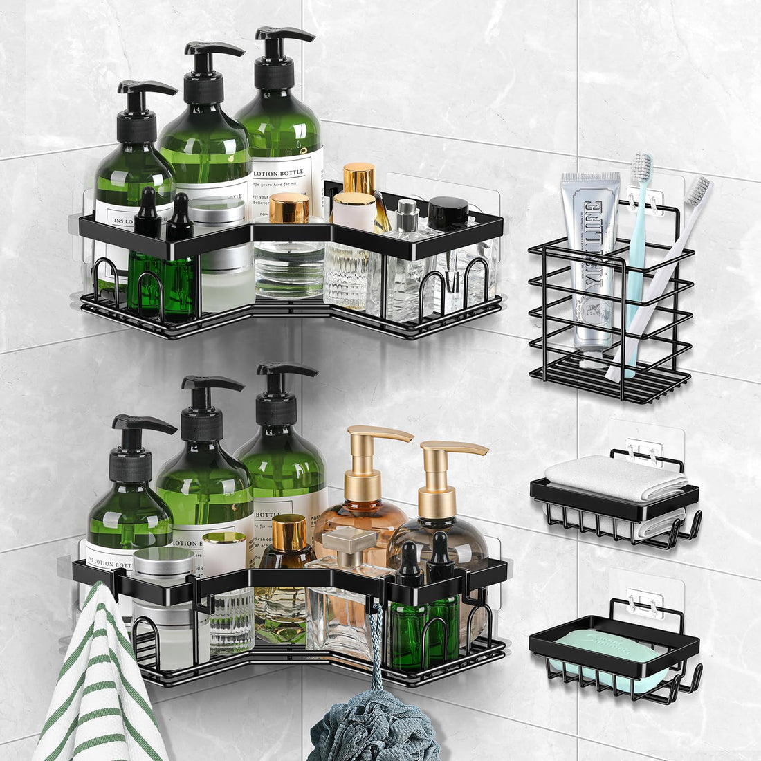 Corner Shower Caddy Organizer Shelf- Jadkysarh Self Adhesive Shower Shelf with Hooks Soap Holder No Drilling Shower Organizer Stainless Steel Toothbrush Holder Bathroom Decor Accessories Black 5 Pack