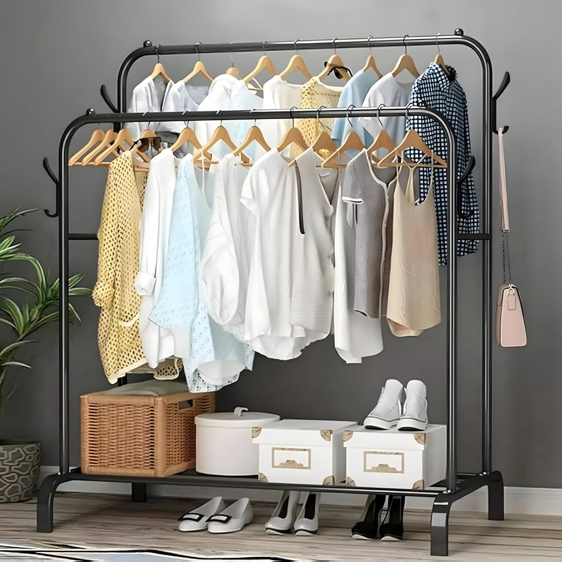 Double Layer Metal Clothes Stand with Storage Rack for Shoes and Boxes – Sturdy Stainless Steel Construction – Side Hooks – Modern Design for Bedrooms & Shops – Easy to Install