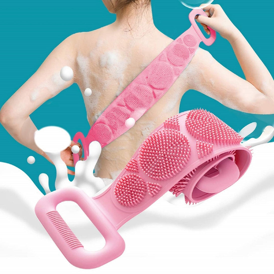 BeeDuck Silicone Body Back Scrubber Double Side Bathing Brush for Skin Deep Cleaning Massage, Dead Skin Removal Exfoliating Belt for Shower, Easy to Clean for Men & Women (Pink)