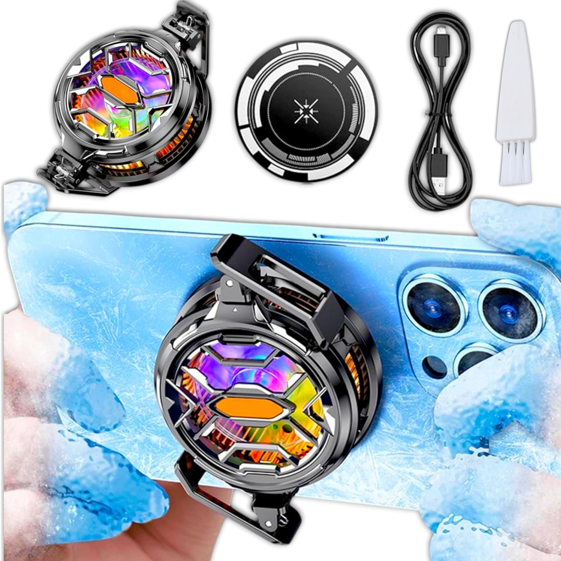 FS03 Ice Cooler RGB 7 Color Mobile Phone Cooler Fan for Gaming, TikTok, Live Streaming - Magnetic Ice Cooling Fan, Rotatable Back Clip, Compatible with Magnetic, Android, iPad, iPhone, Tablet Radiator