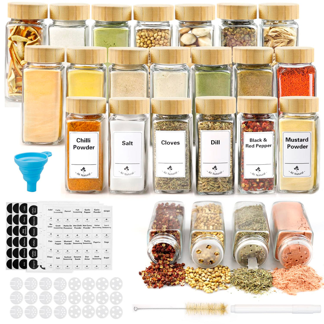 Spice Jars Square 24 Pieces with Bamboo Lid 120 ml, 10.5 x 4.5 cm Spice Jars Set with Screw Cap, Spice Shaker Glass with Shaker Insert, Spice Container Spice Storage Spice Jars
