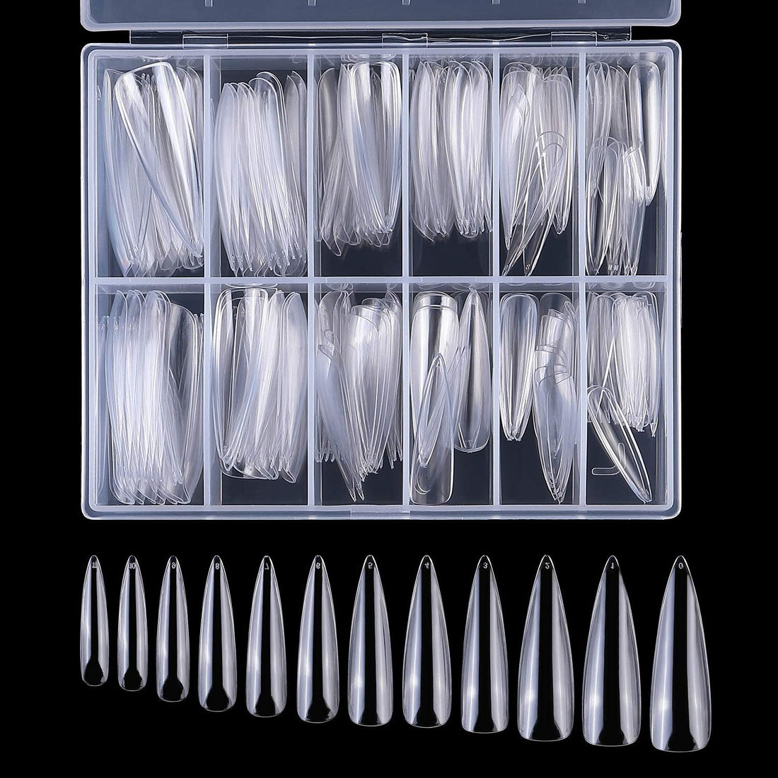 Generic 500PCS 2XL Long Size Clear Acrylic Nail Tips, 10 Sizes Tapered Stiletto Full Well Tips for Acrylic Nails, Professional & DIY Use