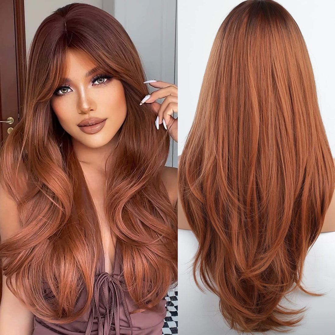 ECIF Blonde Unicorn Long Auburn Wig With Bangs Layered Curly Orange Wigs For Women Natural Synthetic Hair Wigs For Women Middle Part Synthetic Wig Cosplay Wigs