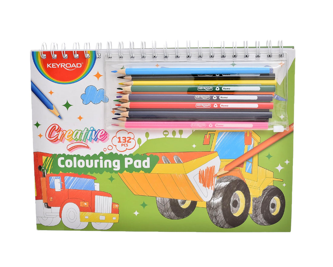 Keyroad KR972520 High Quality Colouring Pad of 132 PCS (30 Drawing Sheet, 90 Stickers and 12 Colour Pencils) for Kids and Students - Multi Color