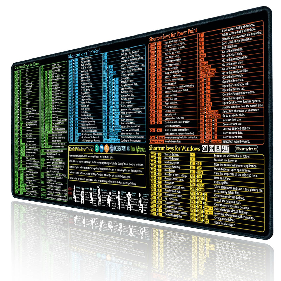 Excel/Word/Power Point/Windows Cheat Sheet Desk pad, Large Gaming Office pc Mouse pad,Keyboard Shortcuts Mouse pad,Non-Slip Waterproof Desk mat,Over 200 Shortcut Mousepad(XL 31.5 x 11.8 in)