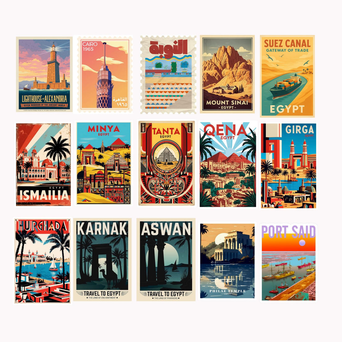 Scentiment 17 Pcs Egypt Vintage Travel Stickers Pack – Retro Destination Posters, Landmarks & City Aesthetic Vinyl Decals – Waterproof Stickers for Laptops, Journals, Scrapbooks & Suitcases