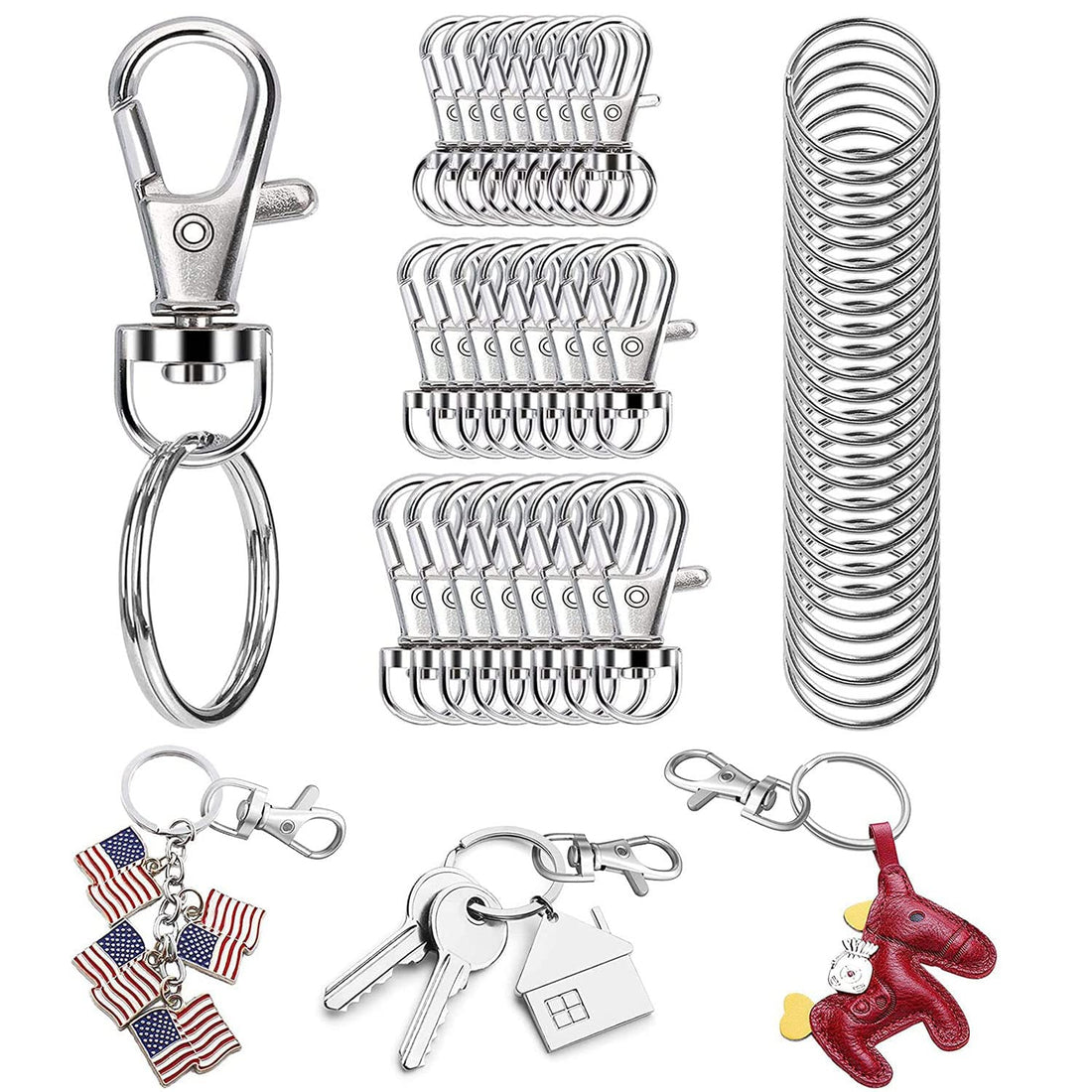 DELFINO Swivel Snap Hooks with Key Rings, 100Pcs Premium Metal Swivel Lobster Claw Clasps Three Sizes for Keychain Clip Lanyard, Jewelry Making, Crafts - Silver