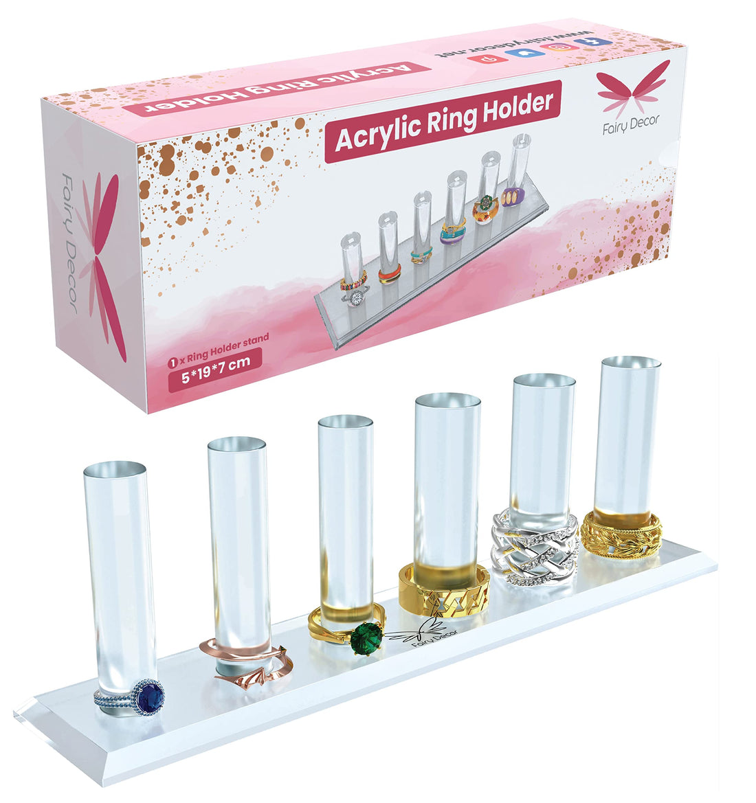 Ring Holder for Jewelry - Acrylic Ring Display Organizer for Girls - Clear Ring Organizer with 6 Small Tower Shaped Rods Suitable for All Ring Sizes