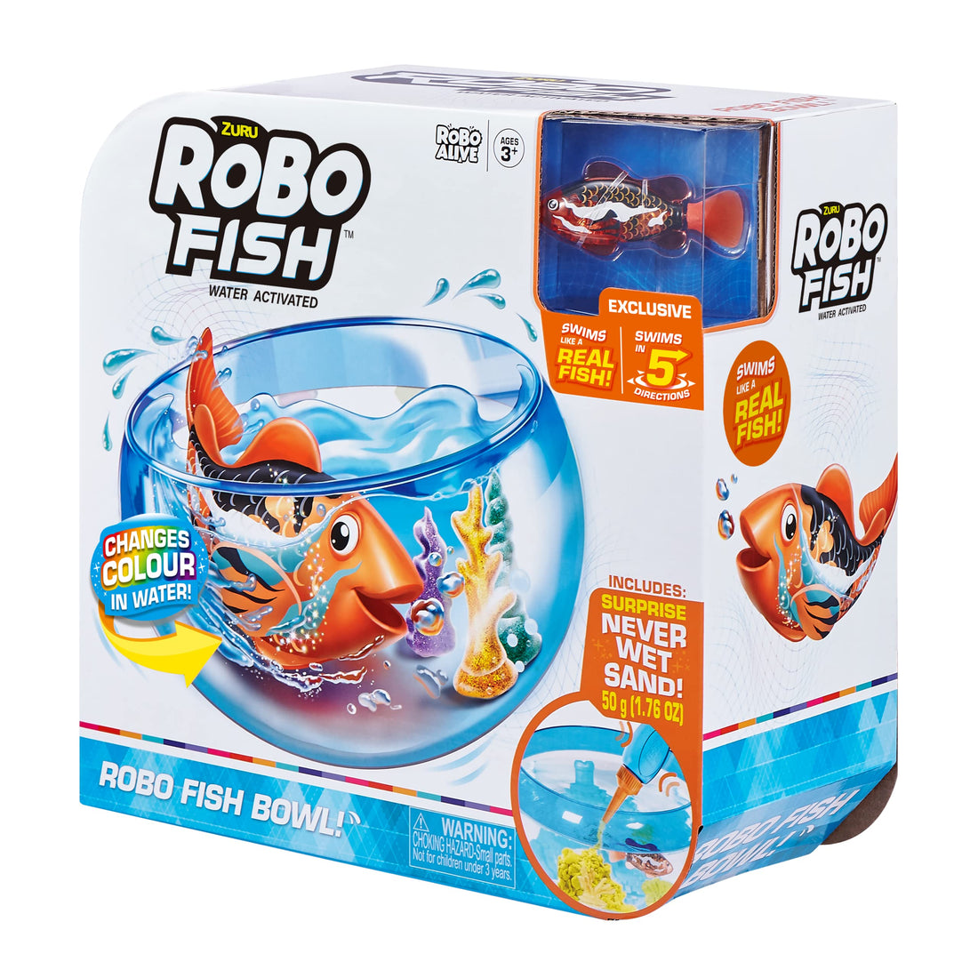 Robo fish tank with magic sand and a new generation fish, swimming by itself in contact with water and changes colour.