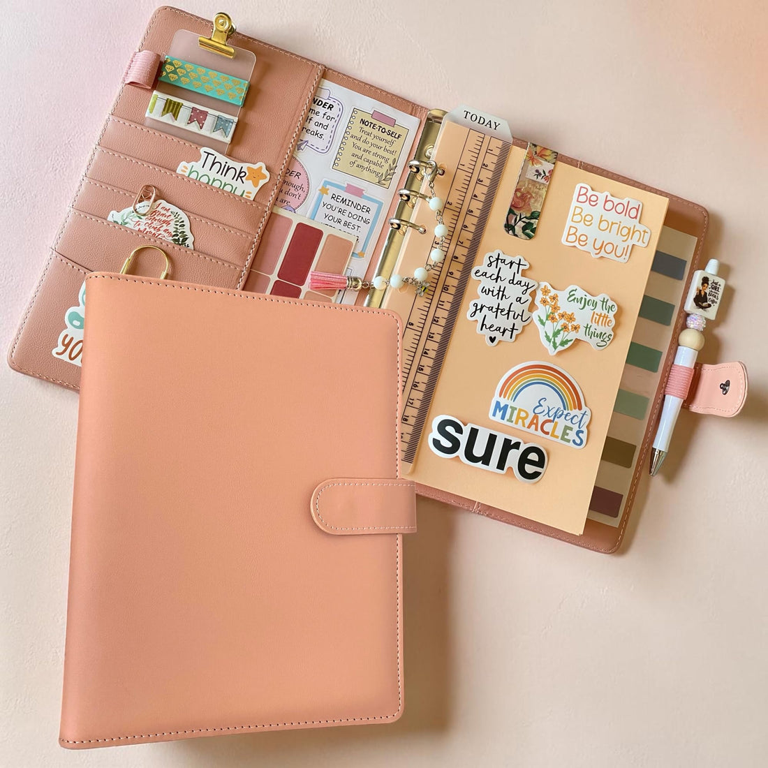 A5 Binder Planner kit with 200 paper refills and stationery kit, Pu 6-Rings binder with clear zipper pocket, dangle chain,binding ruler,Motivational Stickers, refillable pen, clips, washi tapes.