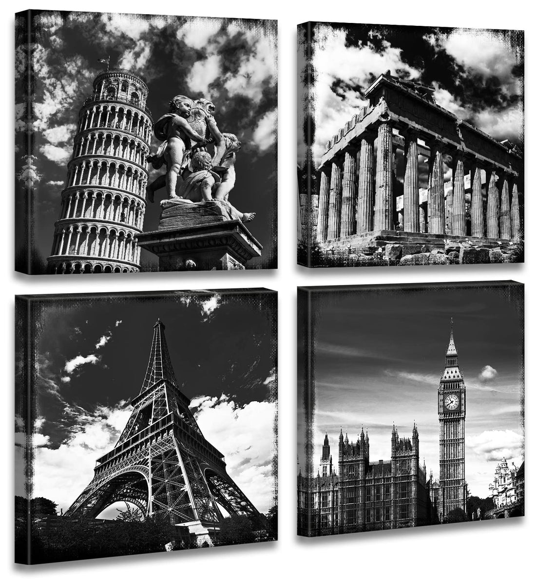 Black and White Building Wall Art for Living Room Contemporary European Famous Architecture Leaning Tower of Pisa Eiffel Parthenon London Elizabeth City Big Ben Canvas Pictures Paintings Christmas