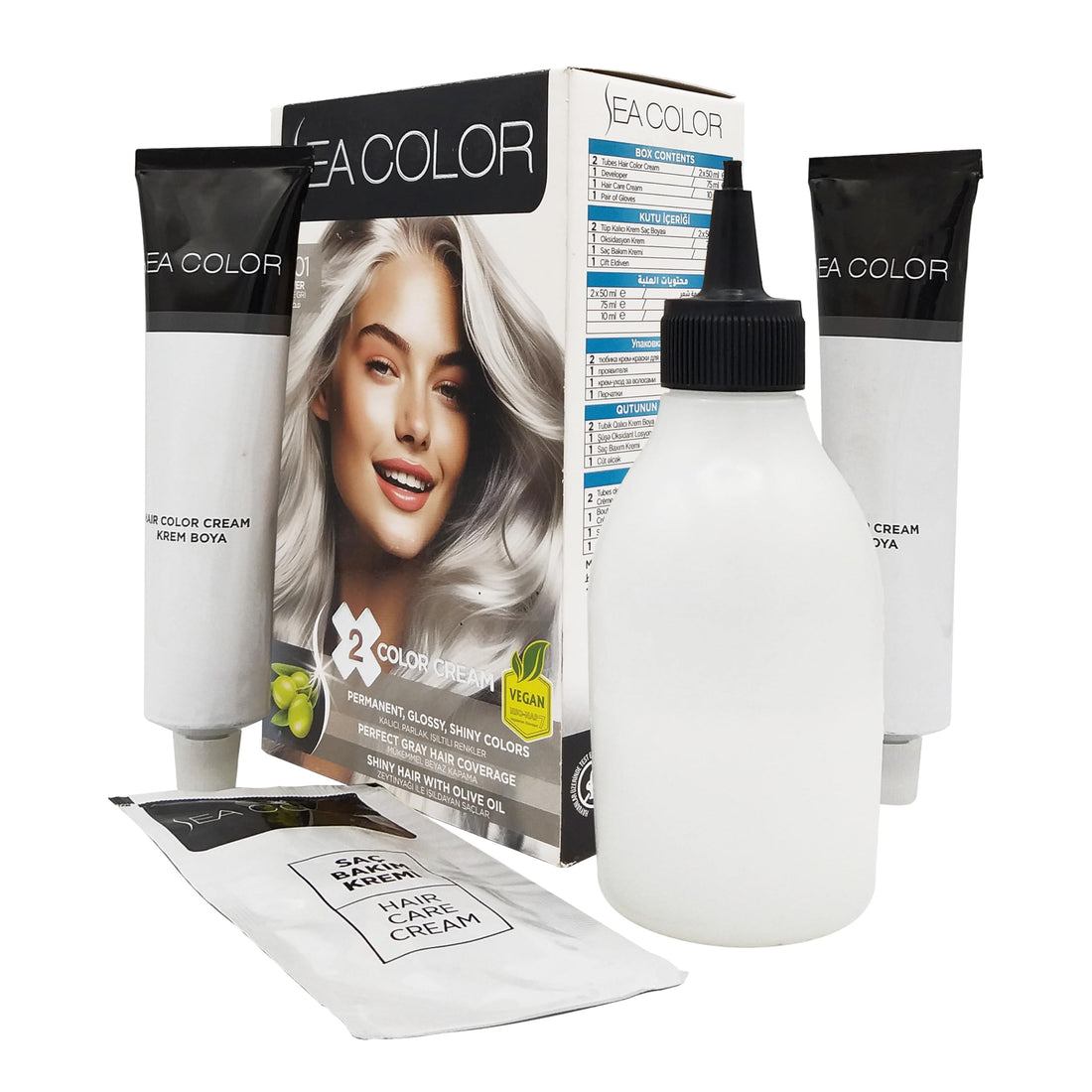 Sea Color Turkish Set Hair Dye With Olive Oil (2 Tubes 50ML In A Box) Permanent, Glossy, Shiny Colors - 0.01 Silver