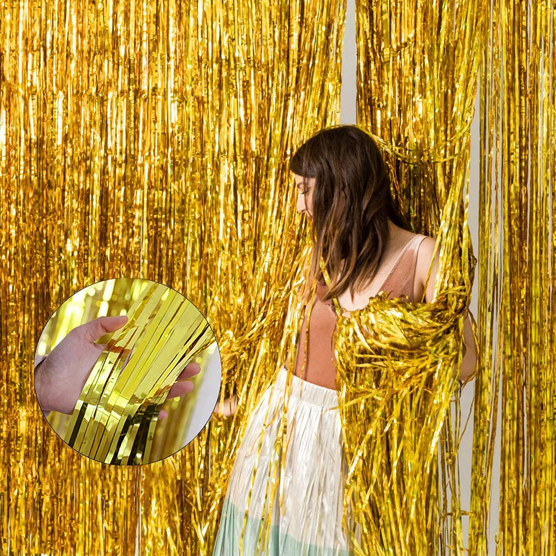 Somnr 1 Pack Golden Tinsel Foil Fringe Curtain Engagement Decorations Curtain Backdrop for Princess Party Decorations(3.3ft x 6.6ft)