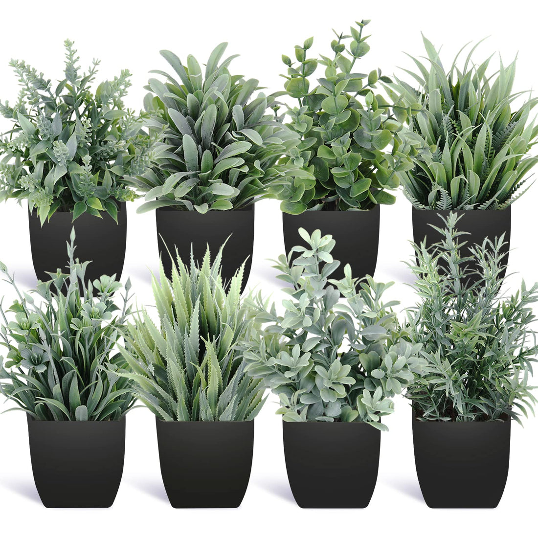 Fake Plants Mini Potted Artificial Plants, 8 Pack Artificial Grey Eucalyptus Plants Small Houseplants Greenery in Black Pot, Small Faux Plants Decor for Home Bathroom Office Farmhouse Desk Shelf