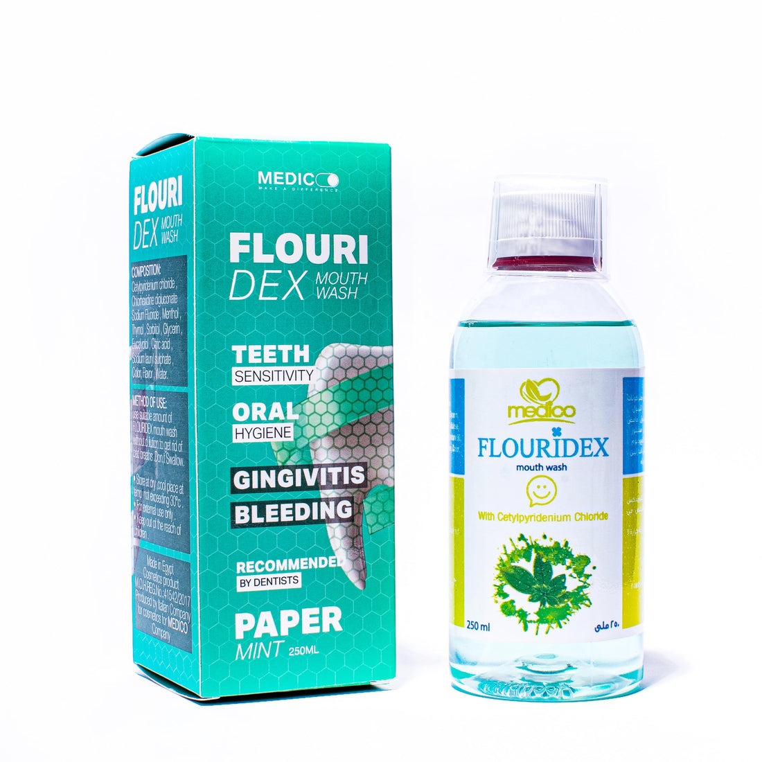 MEDICO Flouridex Mouthwash – Fluoride Antibacterial Oral Rinse with Chlorhexidine, CPC & Peppermint Oil – Cavity Protection, Plaque Control & Fresh Breath – 250ml