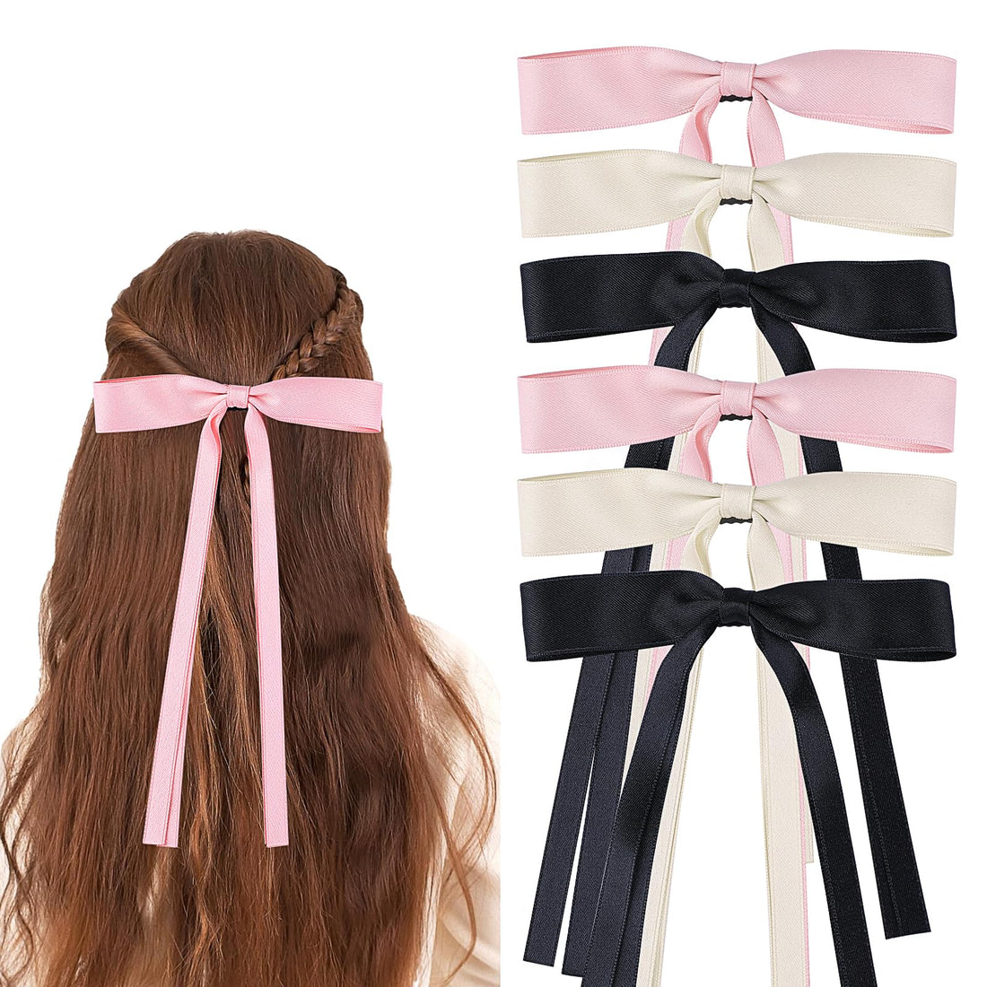 Bewudy Pack of 6 Hair Bows, Tassel Ribbon Hair Clips With Thin Bands, Metal Bow Clip Decoration Accessories for Girls Women