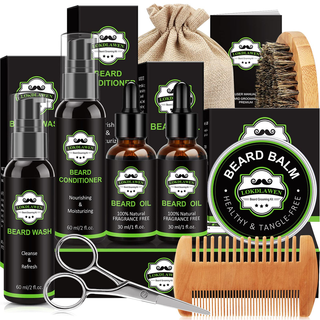 Beard Kit for Men: Beard Wash, Conditioner, Oil, Balm, Brush, Comb, Scissors, Storage Bag, Gifts for Men, Dad, Husband, Boyfriend