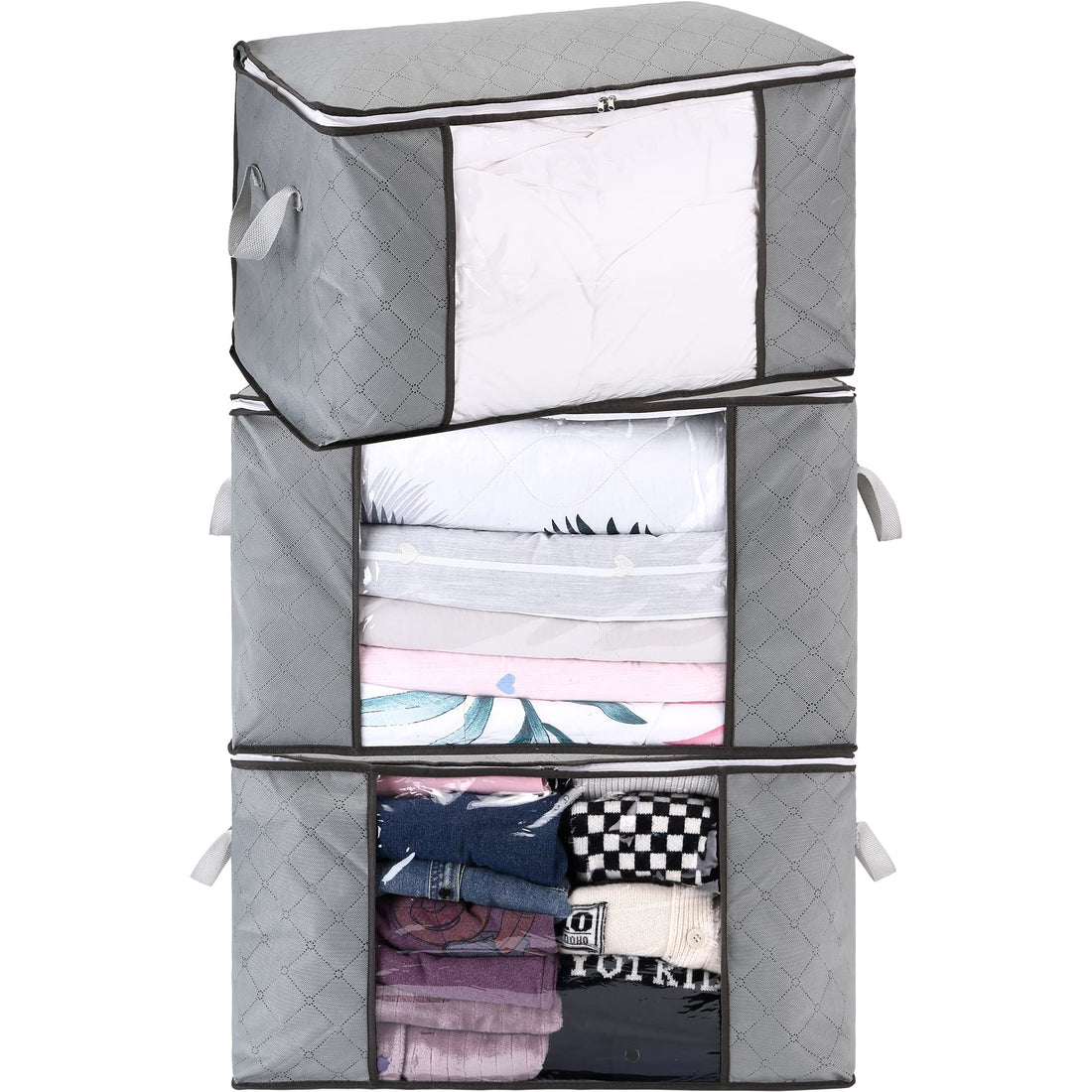 Hinwo 3-Pack 84L Large Fabric Storage Bins, Closet Organizers, Under-Bed Storage, Foldable Clothes Storage Bags with Handles, Containers for Clothing, Quilt, Blanket, Comforters, Bedding, Gray