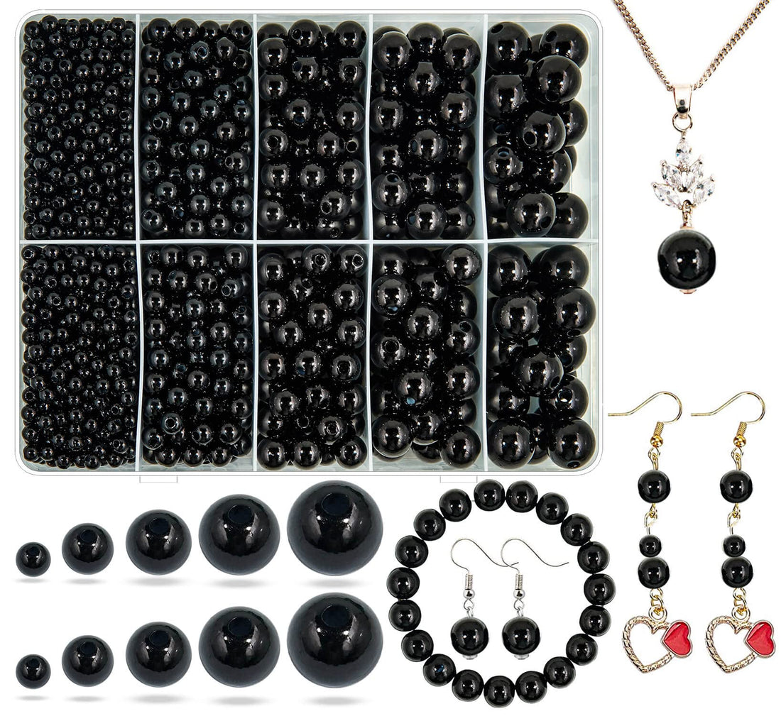 Black Pearl Beads for Jewelry Making, 1750pcs Black Pearl Craft Bead with Hole 4mm 6mm 8mm 10mm 12mm Loose Spacer Bead for Necklace Bracelet Earrings Ring Choker Wedding Dress Decor (Black)