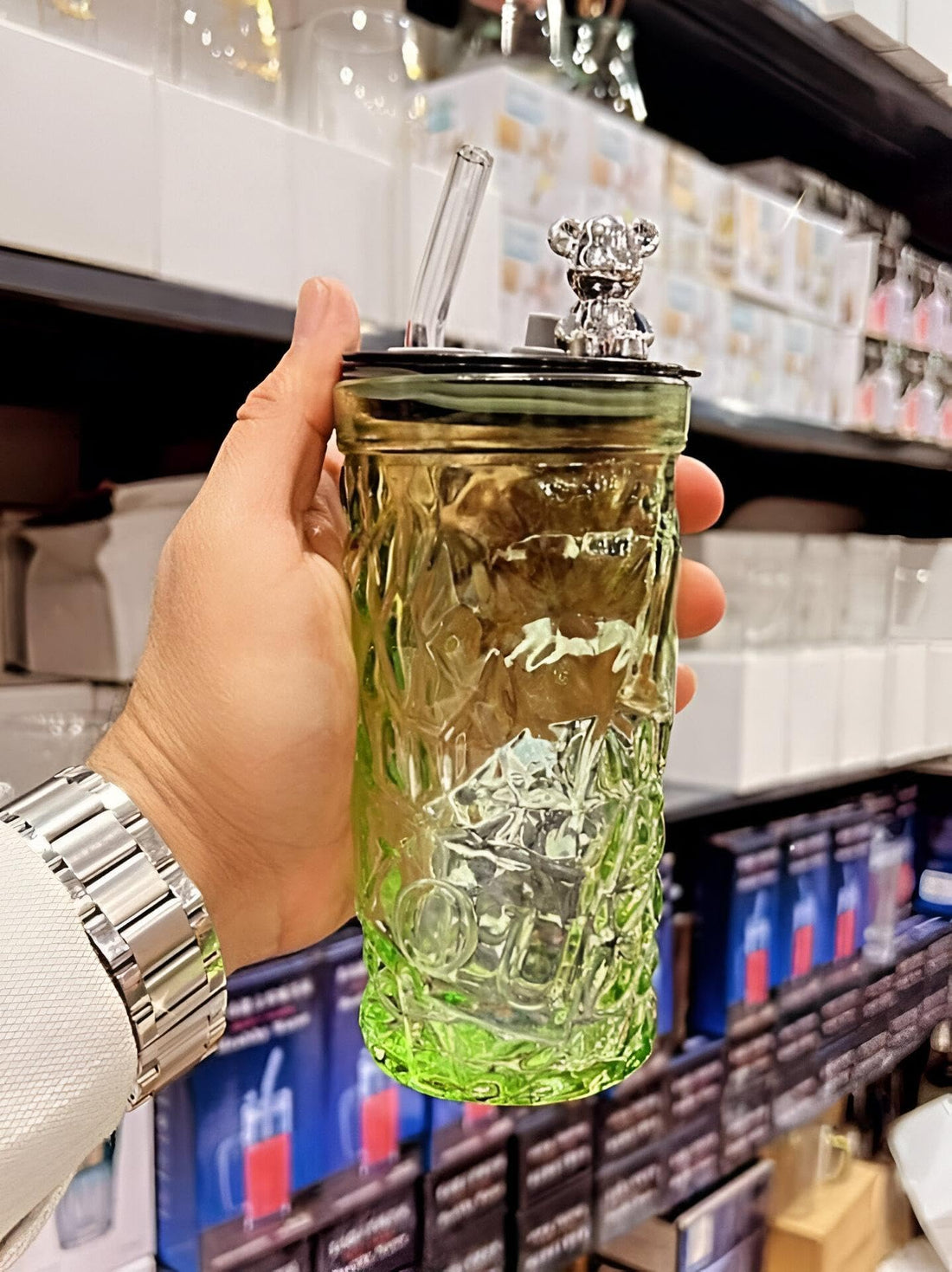 Dollar for Improt Beautiful Glass Tumbler with Straw Perfect for Milk, Juice and Water - High Quality Creative Bottle Designed for Home, Office and On-The-Go (Green)