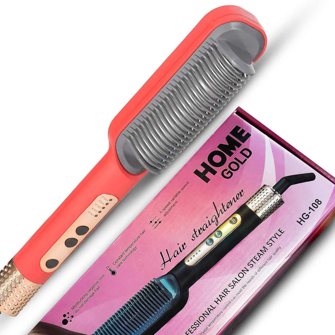 HOME GOLD Electric Hair Straightener - Ceramic Plate, Fast Heating, Hair Beauty Care - Professional Straightener Comb - Effortless Styling and Safety, 45w, HG-108 (Red)