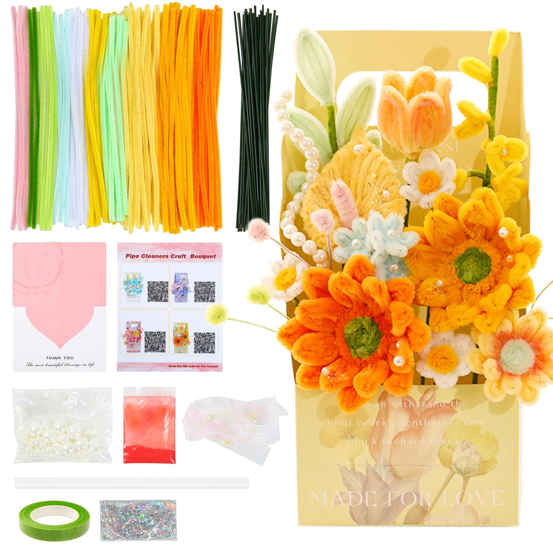 Pipe Cleaners Craft Kit – DIY Flower Bouquet Making Kit, Chenille Stems Craft Supplies for Art Projects, Pipe Cleaner Craft for Creative Activities, Beginner-Friendly Craf Kit for Flower Making