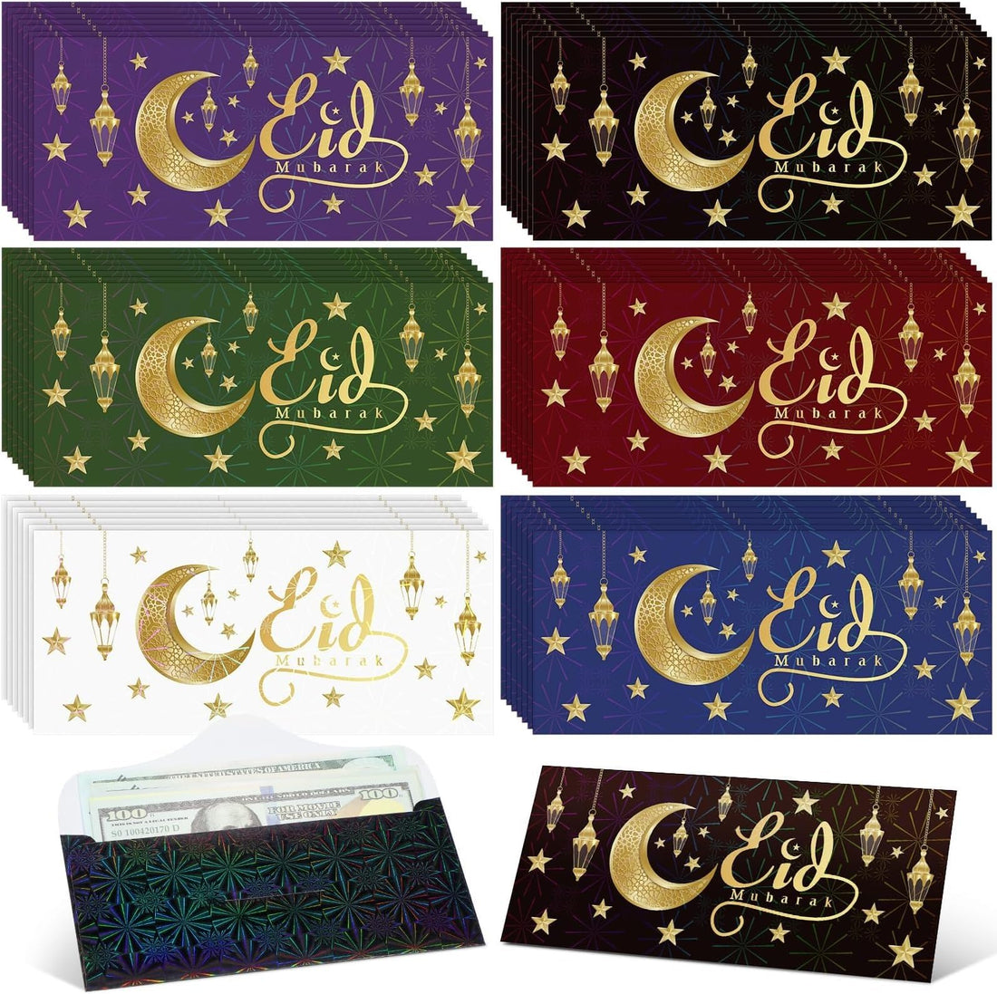 SM4U Eid Mubarak Money Envelopes, Decorative Gift Cards with Gold Crescent Moon Design, 6 Colours, 24 Pack