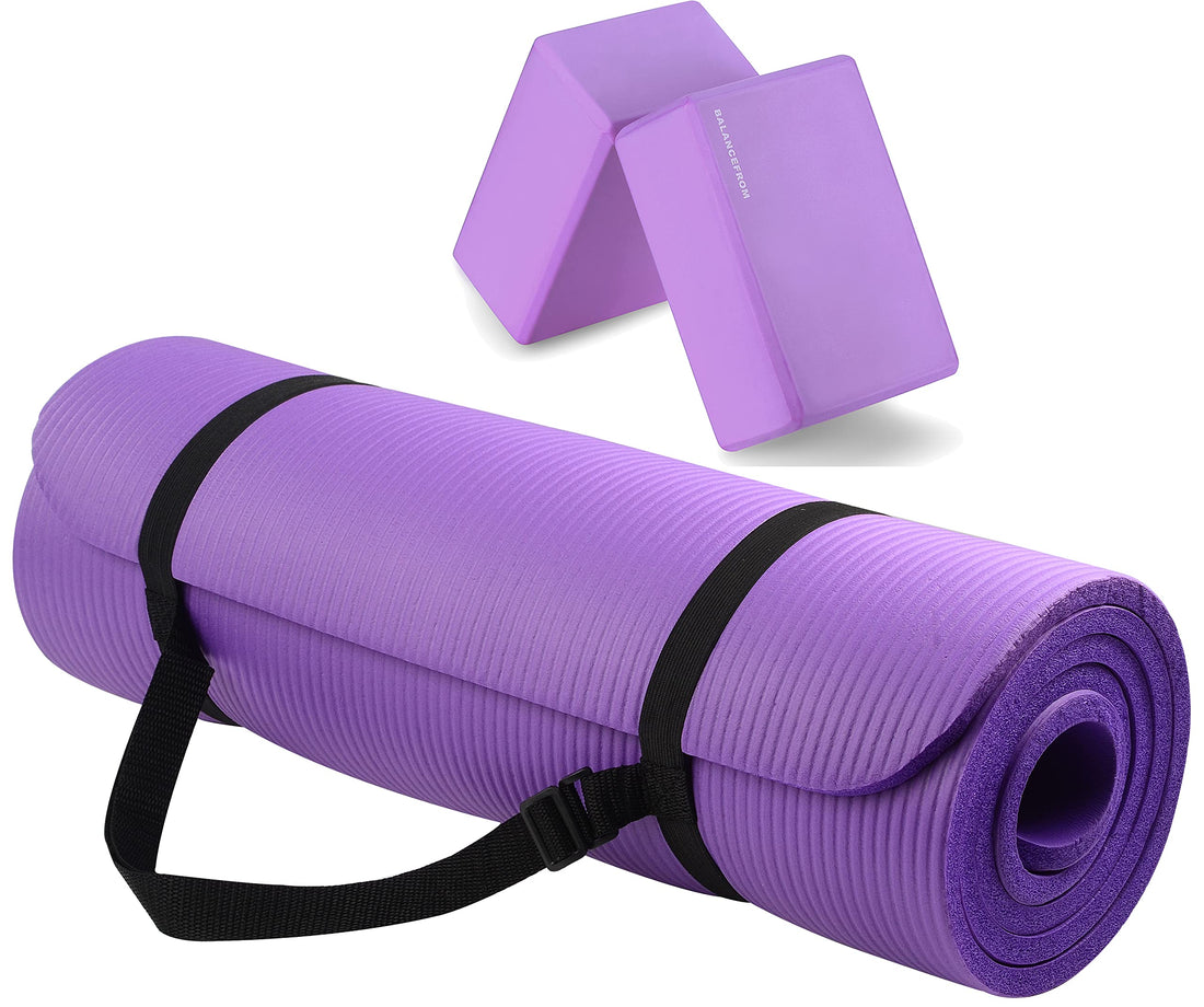 Signature Fitness 1/2" Extra Thick High Density Tear-Resistant All-purpose Yoga Mat with Carry Strap with Optional Yoga Blocks, Multiple Colours