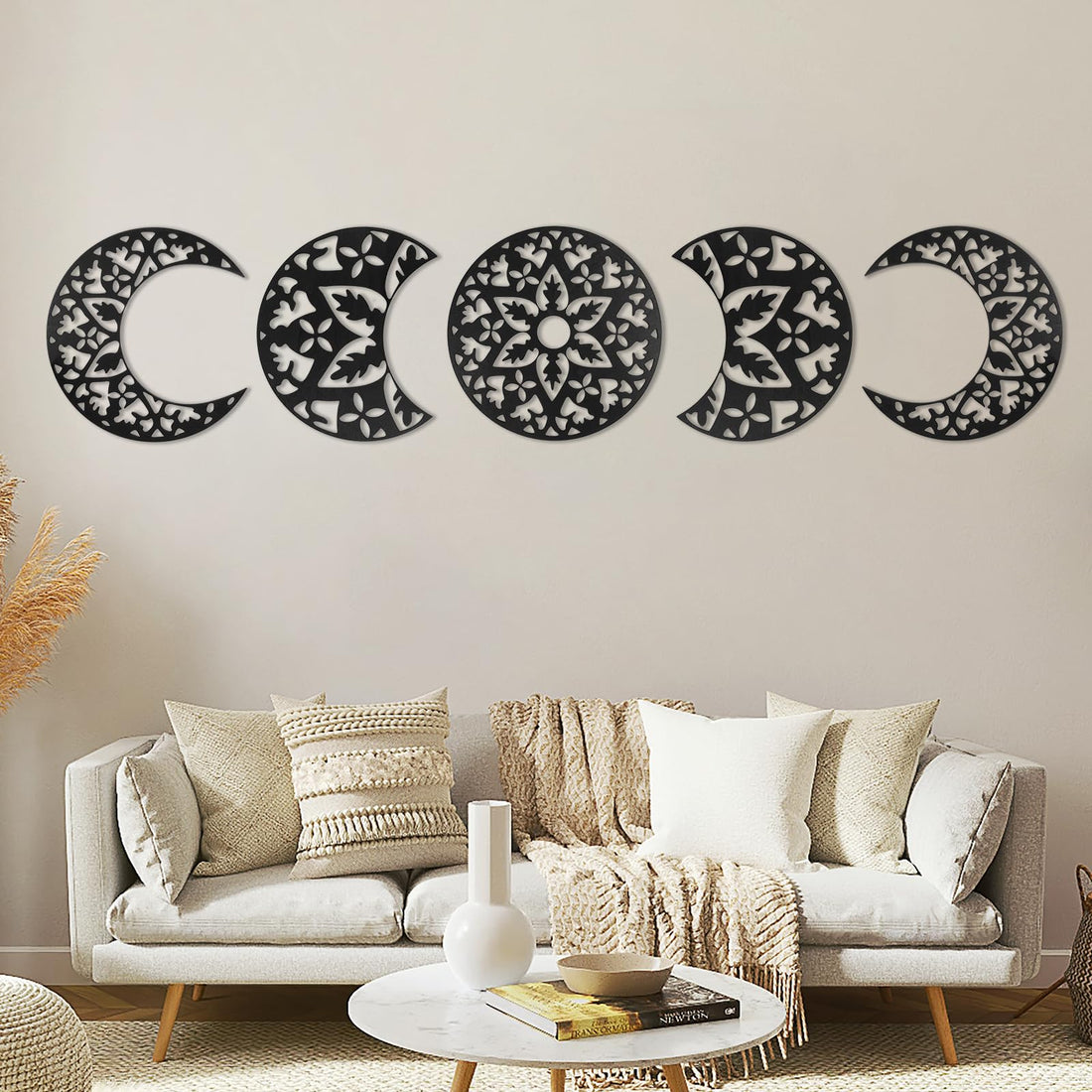 MYKASEN Moon Phase Wall Hanging Decor, Magical Distinctive Wooden Moon Bohemian Wall Art Decor, Set of 5 Nordic Aesthetic Moon Phase Wall DIY Decor for Bedroom Living Room Apartment