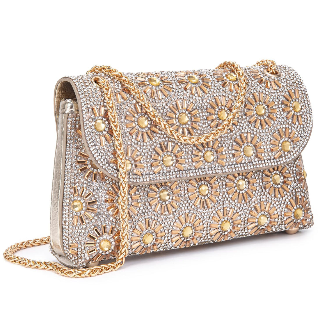 Clutch Purse with Chain and Crystals Rhinestone Decoration, Champagne Gold Shoulder Bags Evening Bag Crossbody Bag Purses Handbags with Magnetic Buttons for Women Girls