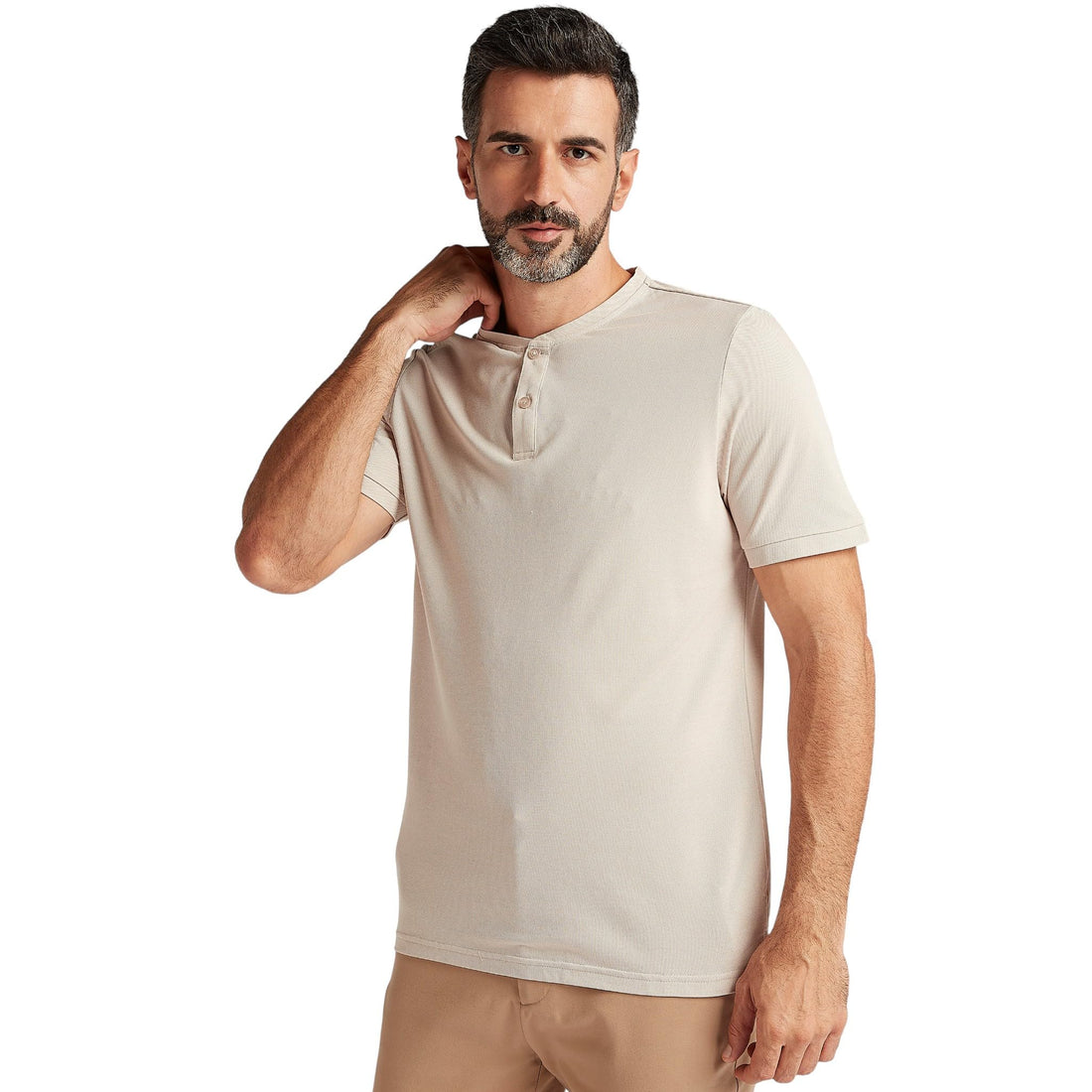 Splash Textured T-shirt with Henley Neck and Short Sleeves GREY -size S 6292372874752