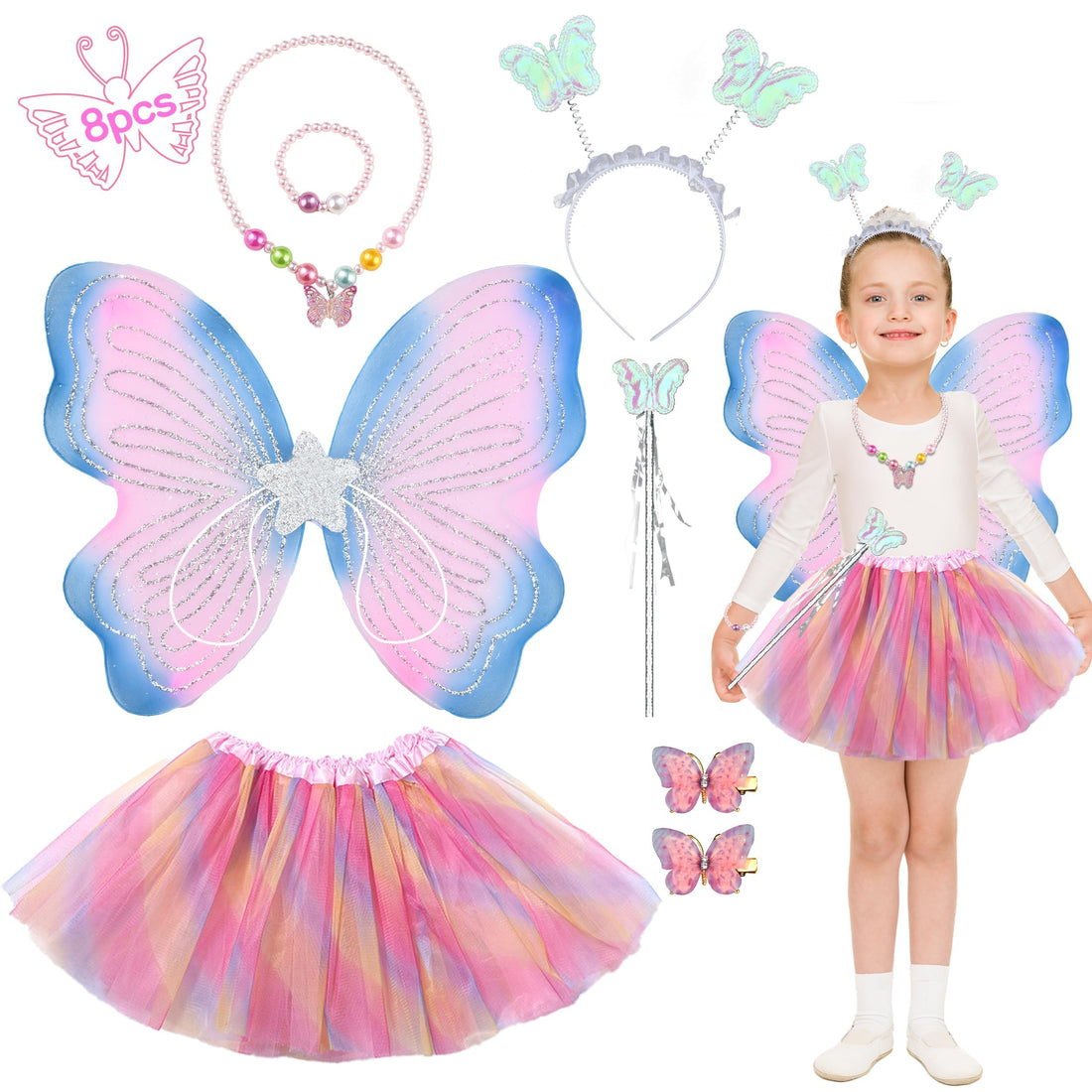 8PCS Fairy Wings Costume for Kids, Butterfly Fairy Wings, Tutu, Wand, Claw Clip, Necklace & Bracelet, Christmas and World Book Day Princess Outfit for Girls