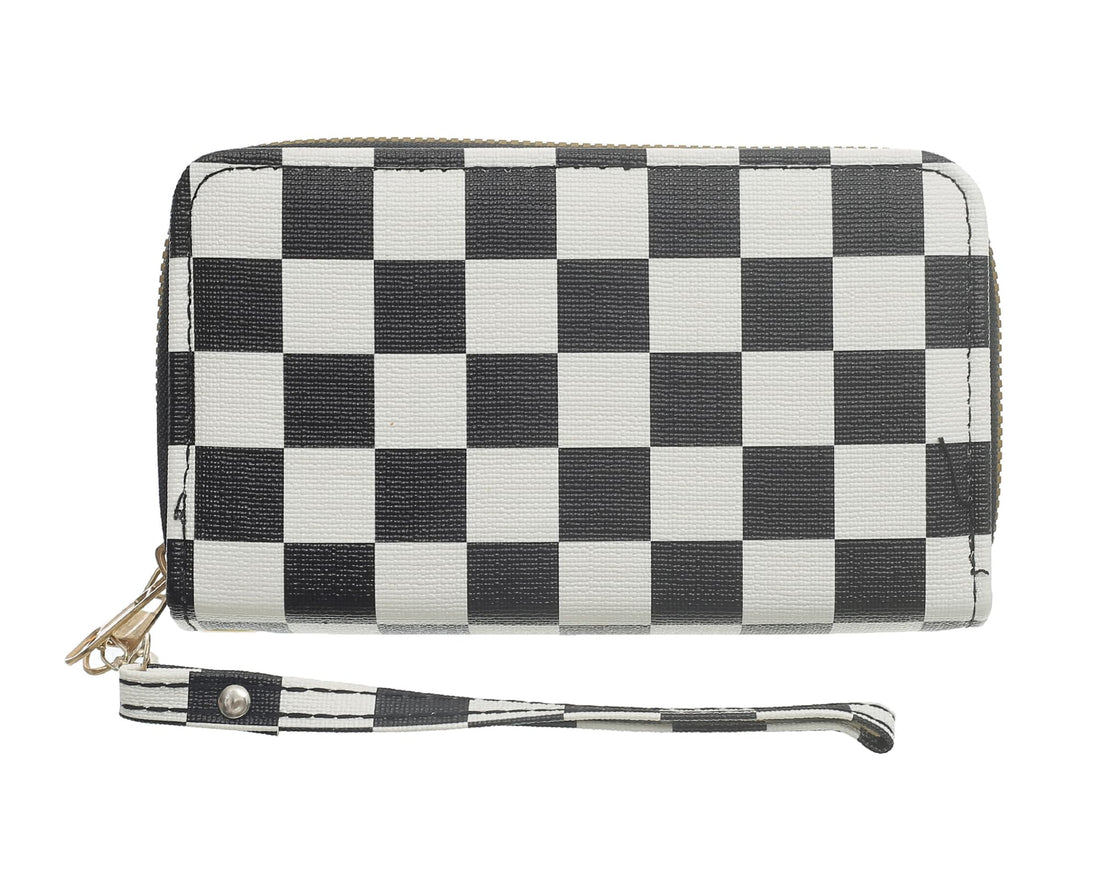 Faux Leather Large Square Bifold Elegant Wallet Plaid Design Containing Two Zipper Pockets With Business Card Pockets And Hand Strap Included Suitable For Women - Black White