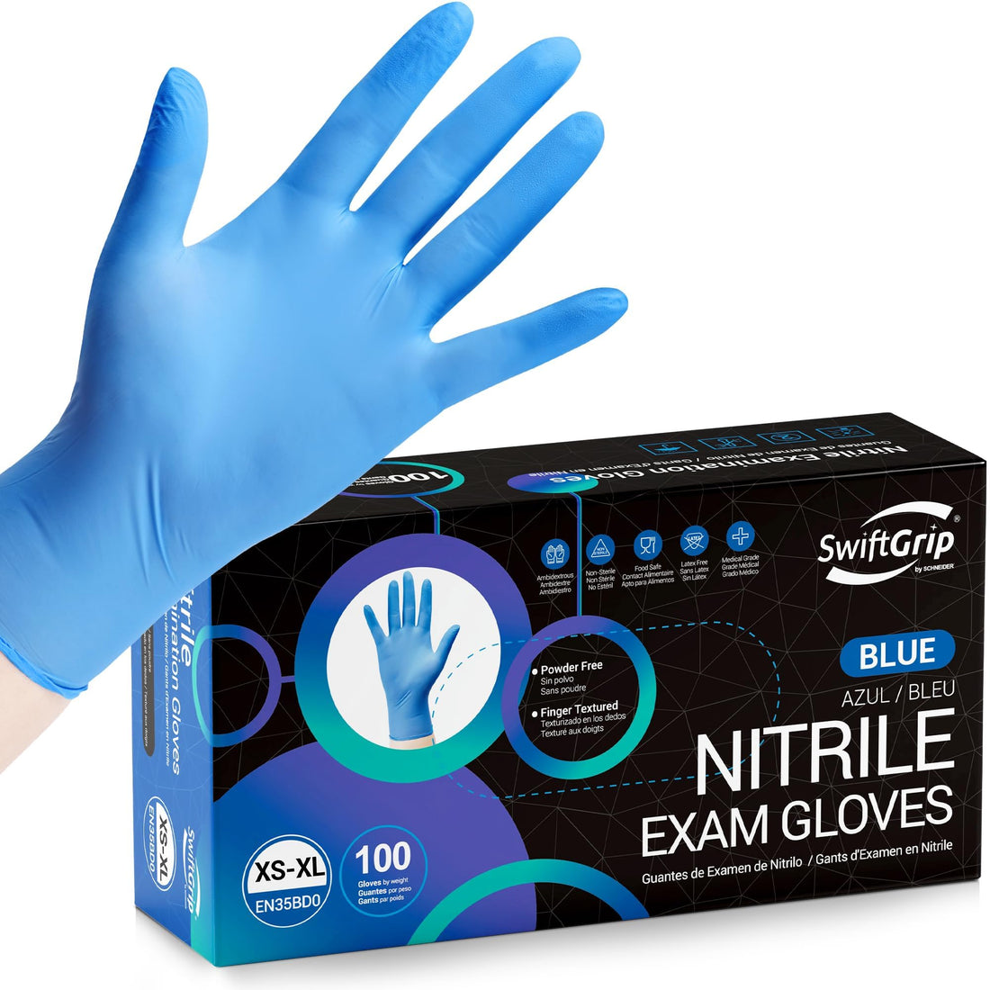 SwiftGrip Disposable Nitrile Exam Gloves, 3-mil, Blue, Gloves Disposable Latex Free for Medical, Cleaning & Food Prep, 100-ct