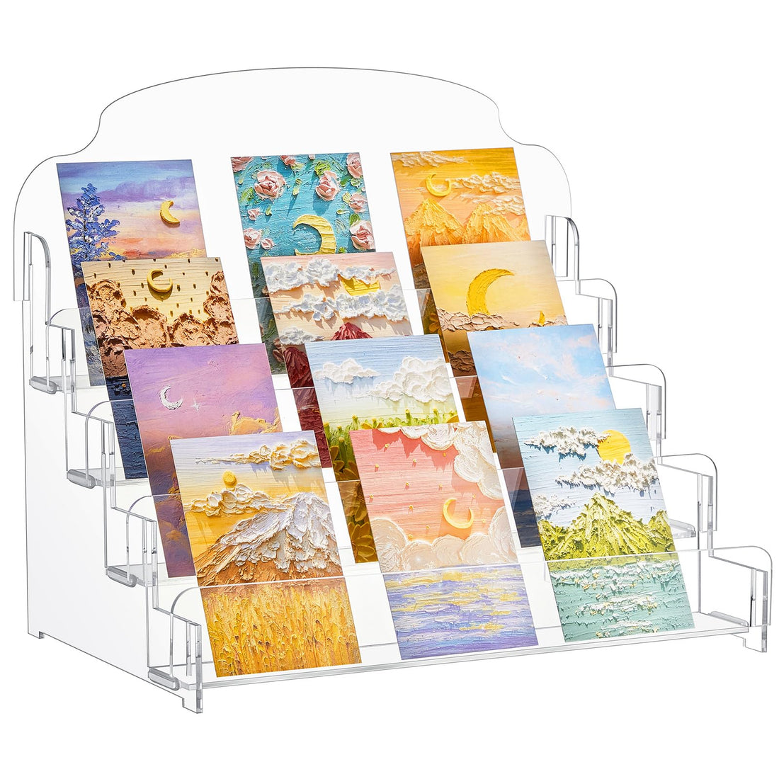 Menkxi 4 Tier Acrylic Greeting Card Display Stand Portable Sticker Display Stand Card Display Rack Card Holder Postcard Organizer for Retail Counter Desk Stamp Mail Photos Storage (Clear,Large)