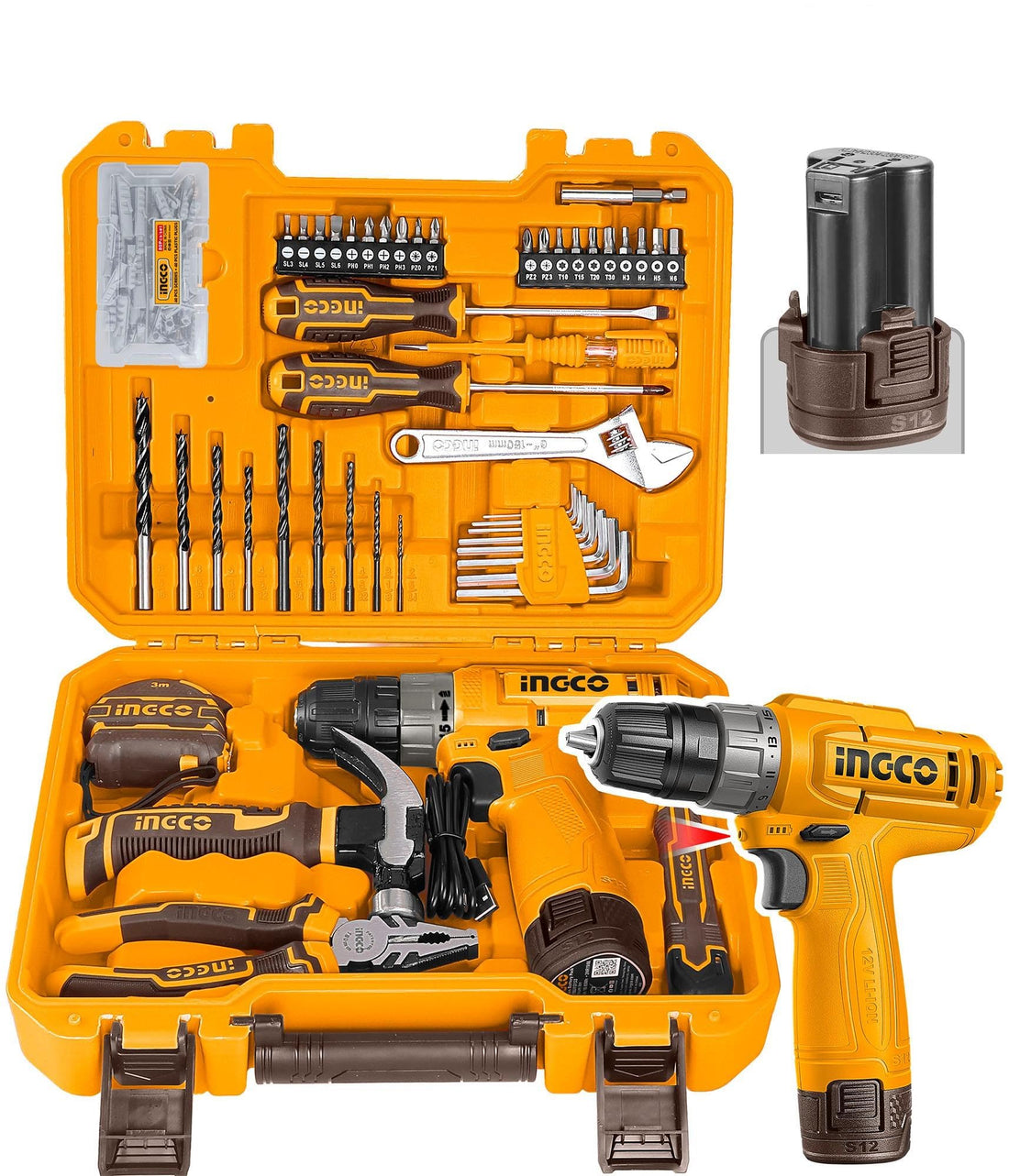 INGCO 129 Pieces Household Tools Set with Cordless Drill, 12V Lithium-Ion Battery 1.5Ah, Screwdrivers, Drill Bits, Pliers, Adjustable Wrench, Hammer, Measuring Tape, Storage Case - HKTHP11291