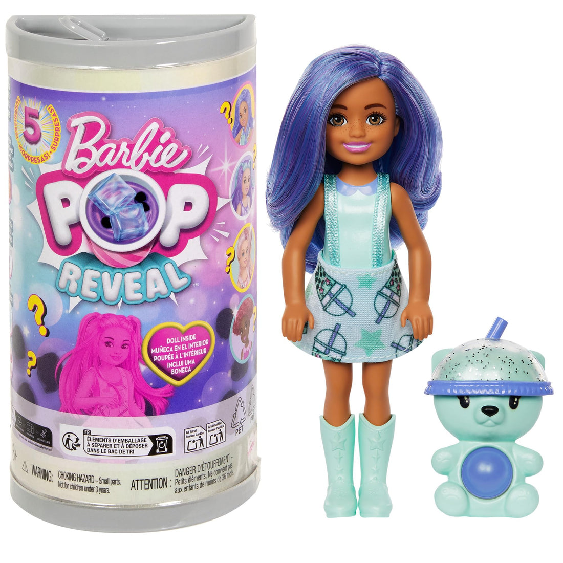 Barbie Chelsea Pop Reveal Bubble Tea Series Doll with Tea Box Design Packaging and 5 Surprises Including Scented Little Doll and Pop-it Animal (Styles May Vary) HRK63