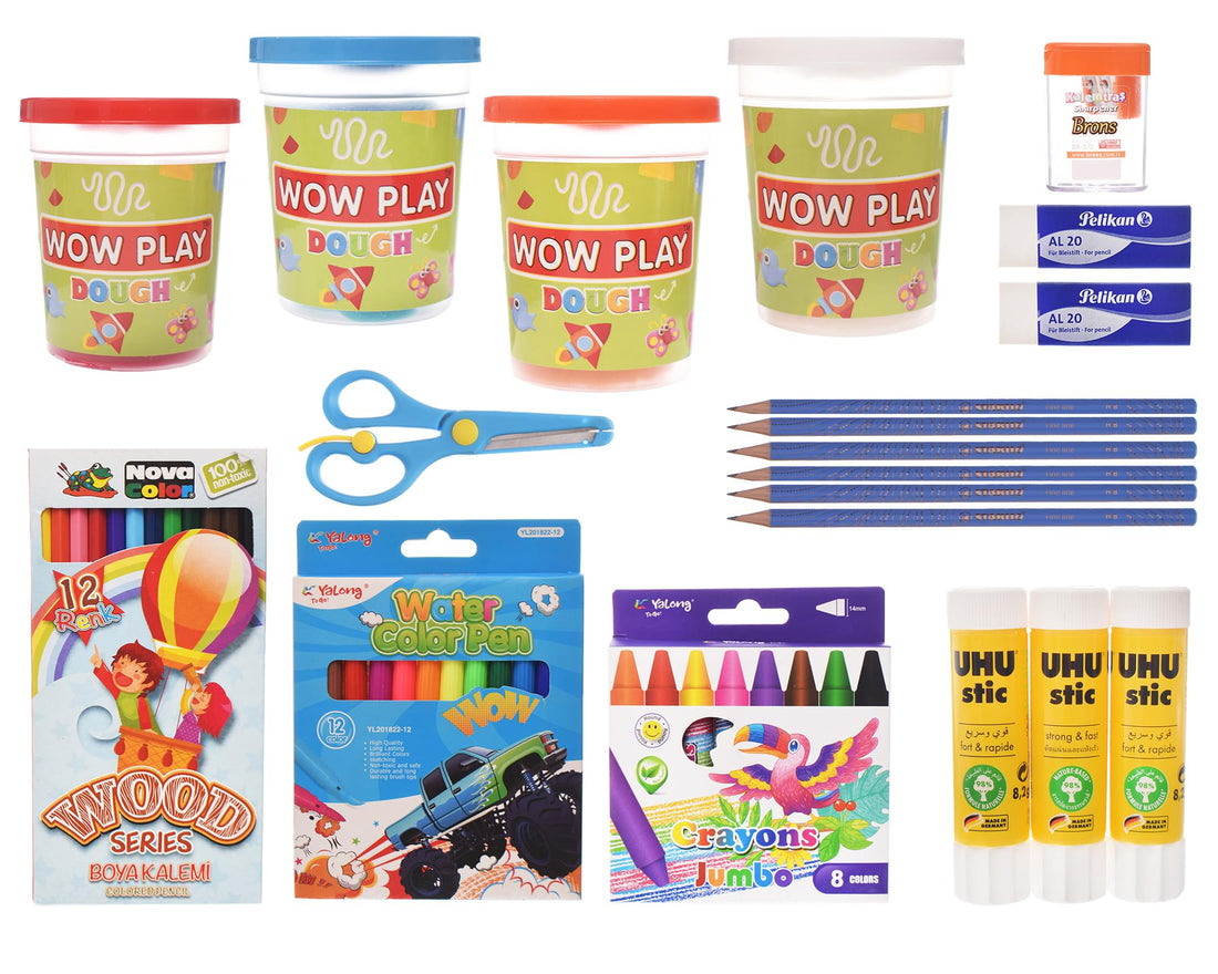 Kinder Bag Set - 9 Piece Art Supply Box (Clay, Coloured Pens, Wax Crayons, Pencil, Sharpener, Eraser, Glue Stick, Wooden Colours, Scissors)