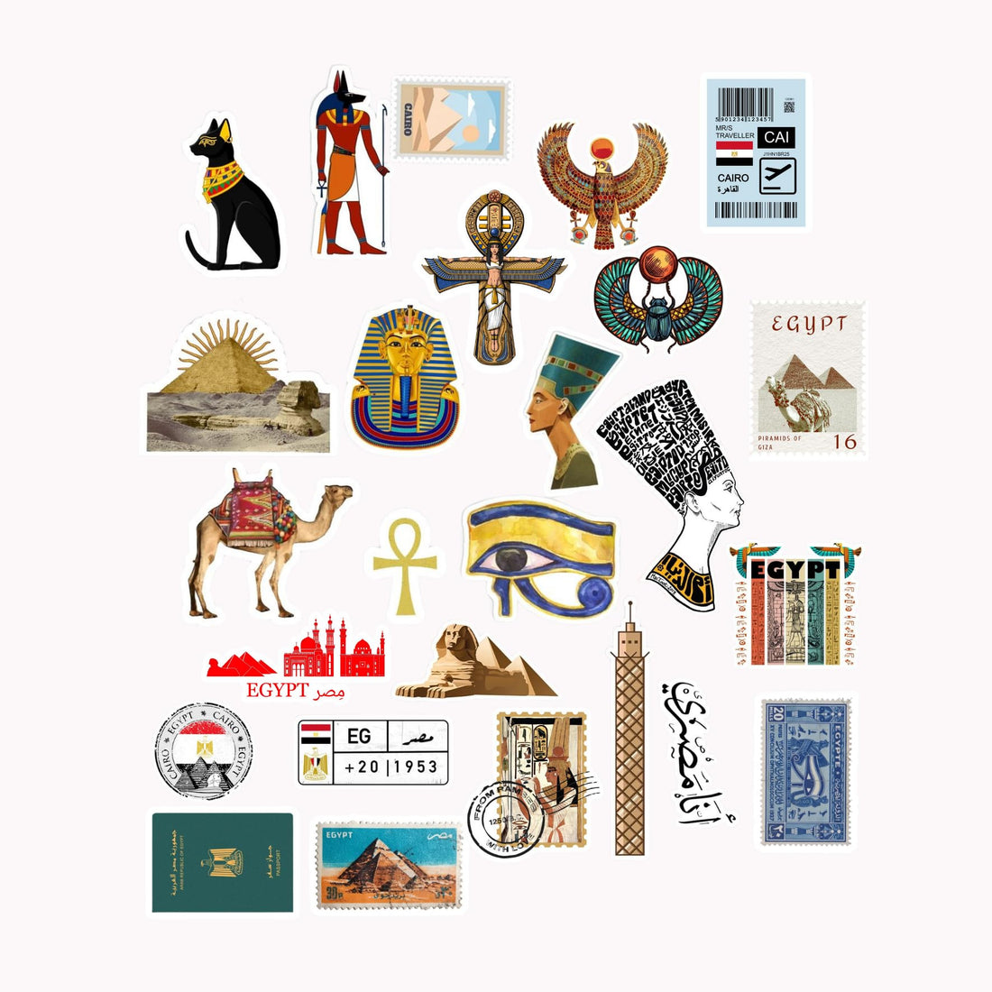 Scentiment 26 Pcs Egypt Stickers Pack – Ancient, Landmarks, Hieroglyphs, Pyramids, Pharaoh Art & Travel Stamps Waterproof Vinyl Decals for Laptops, Journals, Scrapbooks & Suitcases