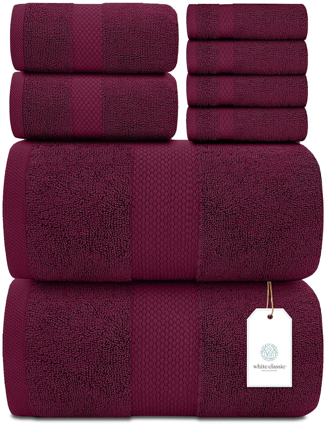 White Classic Luxury Bath Towel Set of 8 Pieces - 100% Turkish Cotton Highly Absorbent Towels for Bathroom, 2 Luxury Bath Towels 700GSM, 2 Hand Towels, 4 Washcloths, Wine Red