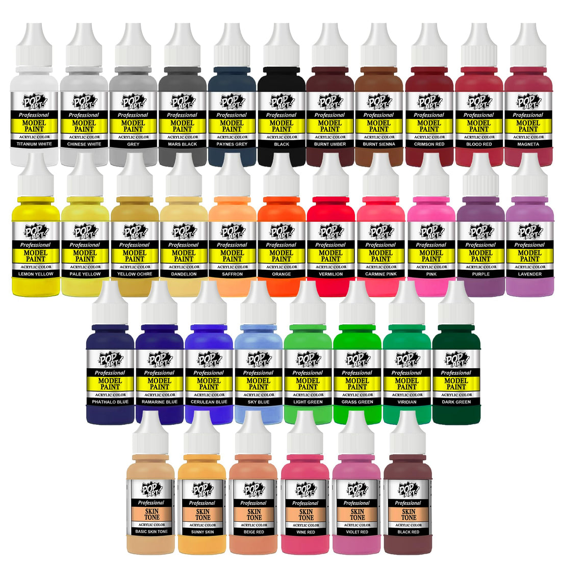 POP ART Model Paint Water Based Acrylic Colors Set of 36 Colors for Brush and Airbrush Painting of 3D Prints, Plastic, Resin,Miniatures and All DIY Projects (30 ml)