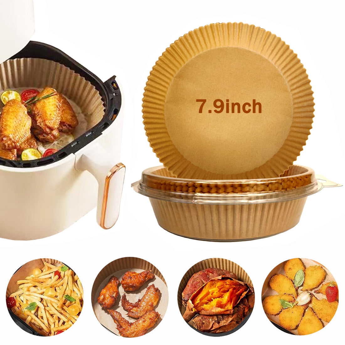 Air Fryer Paper Liners,Natural Wood Pulp Non-stick Oil Resistant AirFryer Baking Parchment Paper Liner,7.9 Inch Round 100PCS Disposable Air Fryer Liners for 2-5QT Air fryer, Roasting Microwave