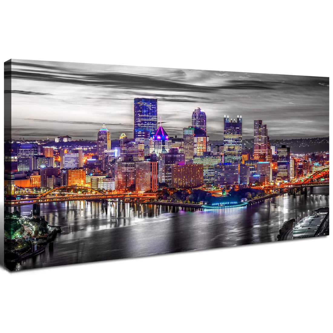 Pittsburgh Skyline Wall Art for Living Room Black and White City Canvas Prints Picture Pennsylvania Cityscape Poster Modern Office Wall Decor Night View Skyscraper Panorama Painting Artwork 20x40"
