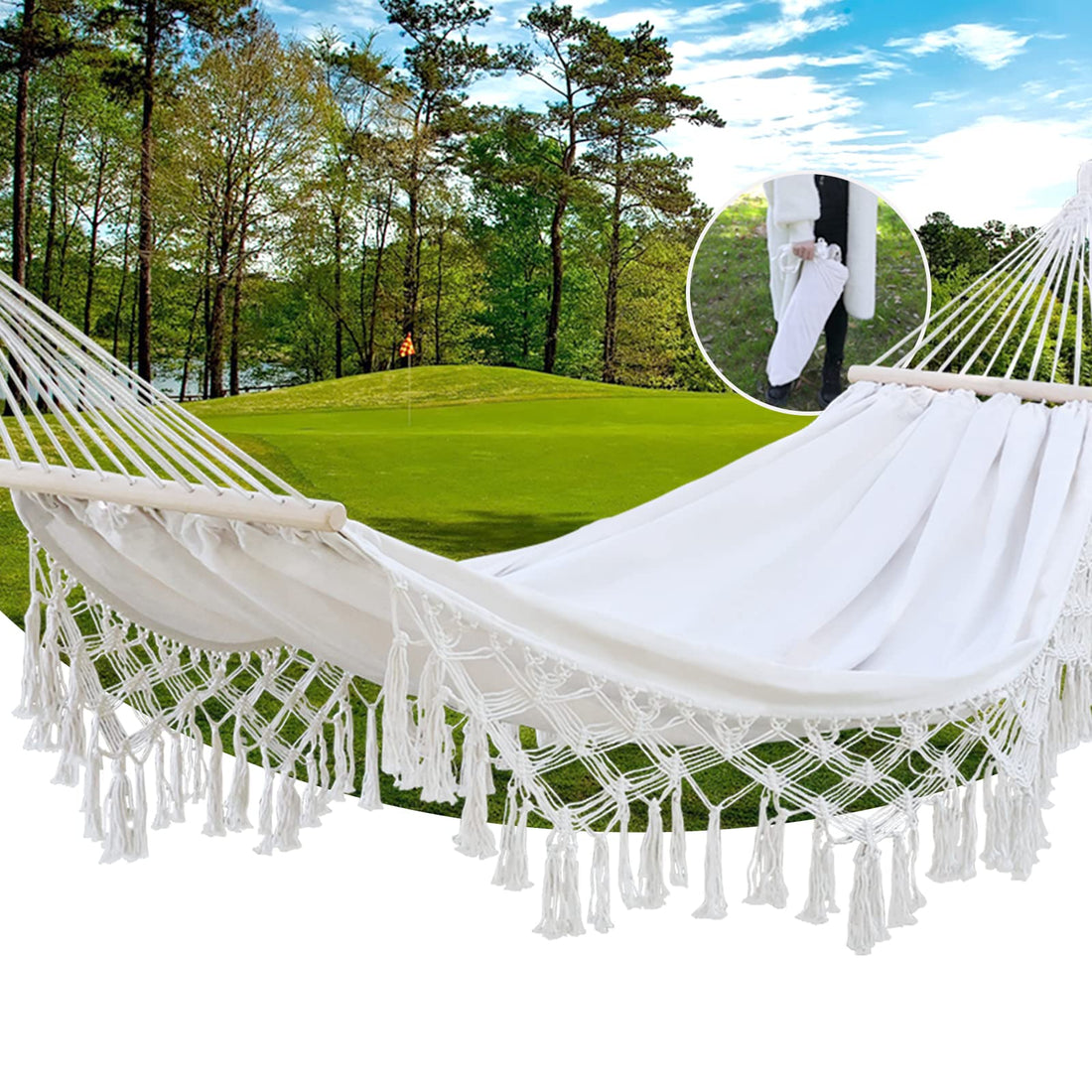 Handmade Bohemian Large Brazilian Macrame Tassel 2-Person Luxury Hammock Swing Suitable for Indoor Outdoor Beach Courtyard Bedroom Camping Porch and Wedding Decoration Bearing 480 Pounds (Beige)