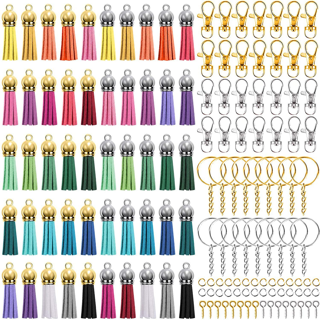 DELFINO 350 Pcs Key Chain Rings Keychain Tassels Set with 50 Pcs Craft Tassels 50 Pcs Keychain Hooks 50 Pcs Key Chain Rings 100 Pcs Jump Ring and 100 Pcs Screw Eye Pins for Crafts(Gold and Silver)