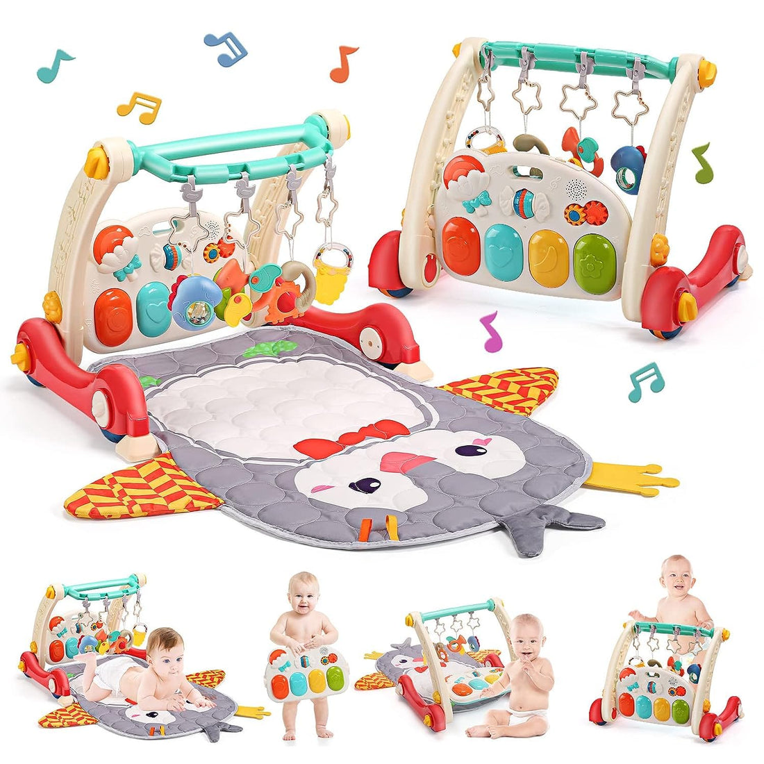 Baby Gym Play Mat & Baby Learning Walker, Baby Activity Mat with Play Piano, Musical Activity Center with Lights, Baby Push Walkers & Tummy Time Mat for Infant Newborn Toddlers (MAT: C, Red)