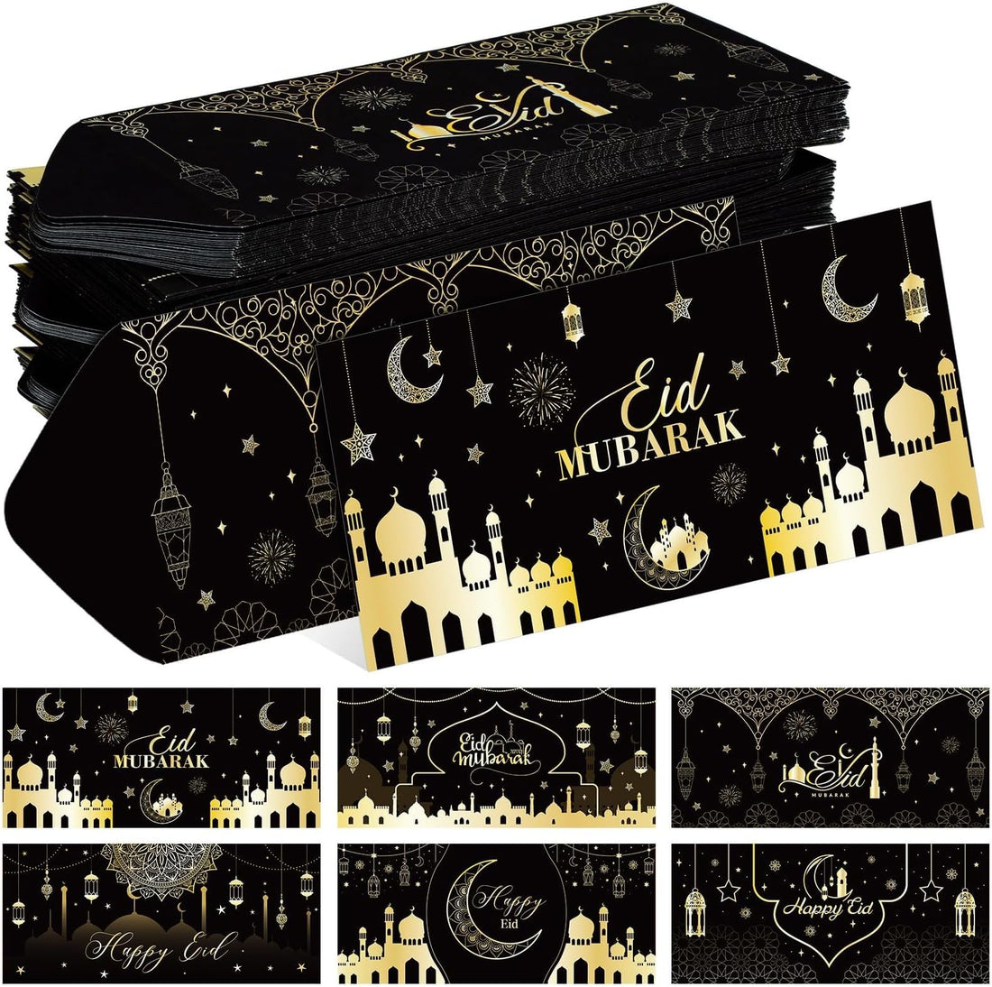 SM4U Eid Mubarak Money Envelopes, Black and Gold Mosque Design, 6 Designs Money Gift Cards, Islamic Festival Celebration - 12 Count