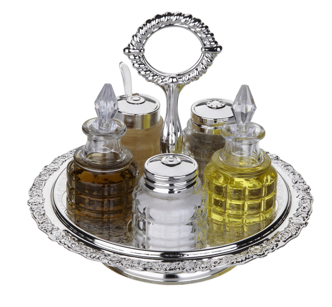 Queen Anne silver plated spice set 6 pieces (tray + 2 oil bottles + A jar of salt + a jar of black pepper + a jar of mustard) 0/5956/2