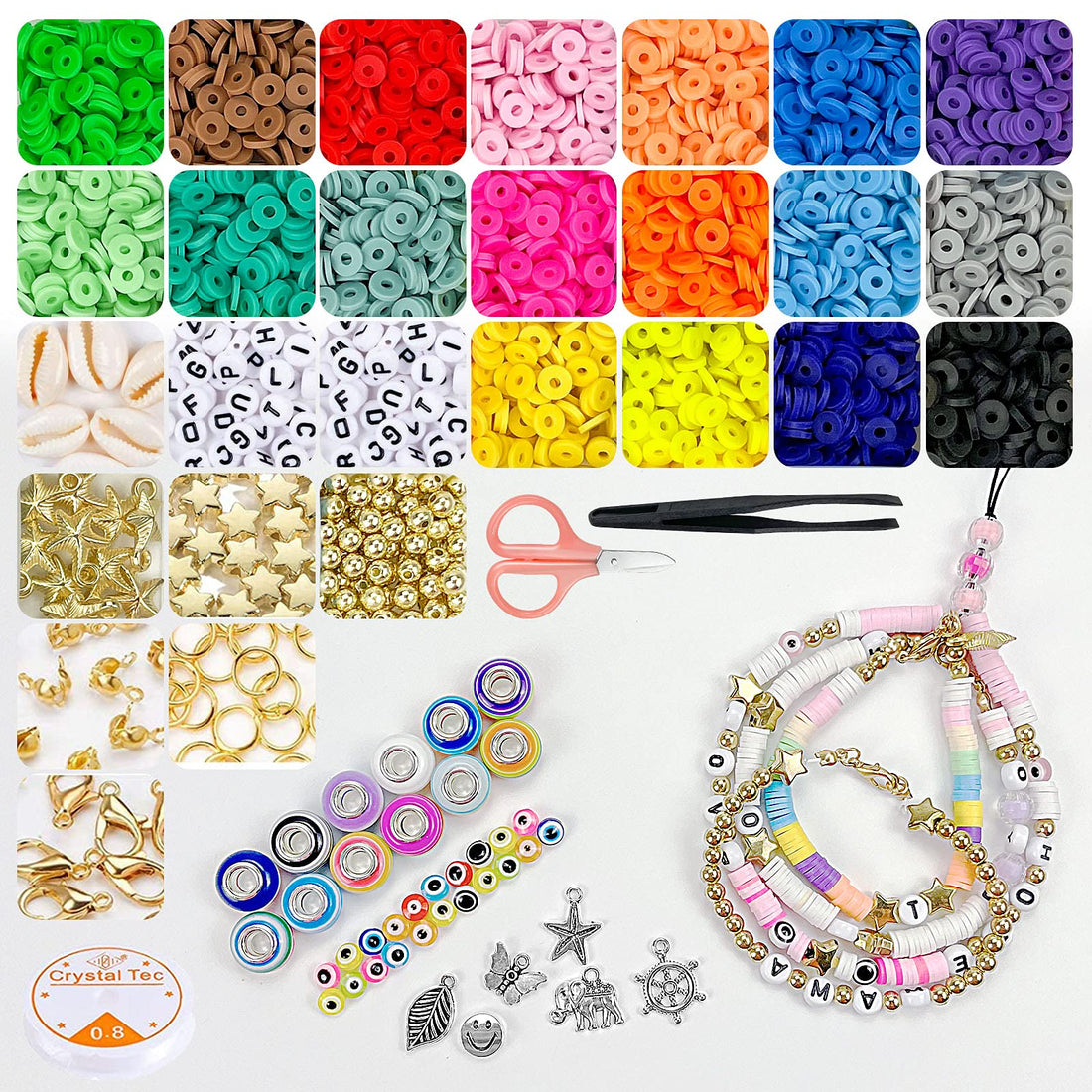 Clay Beads for Bracelets Making Kit, Flat Heishi Polymer Clay Beads for Jewelry Making Supplies, Preppy Bracelet Beads with Letter Beads, DIY Bracelet Necklace with Elastic String Pendant Charms