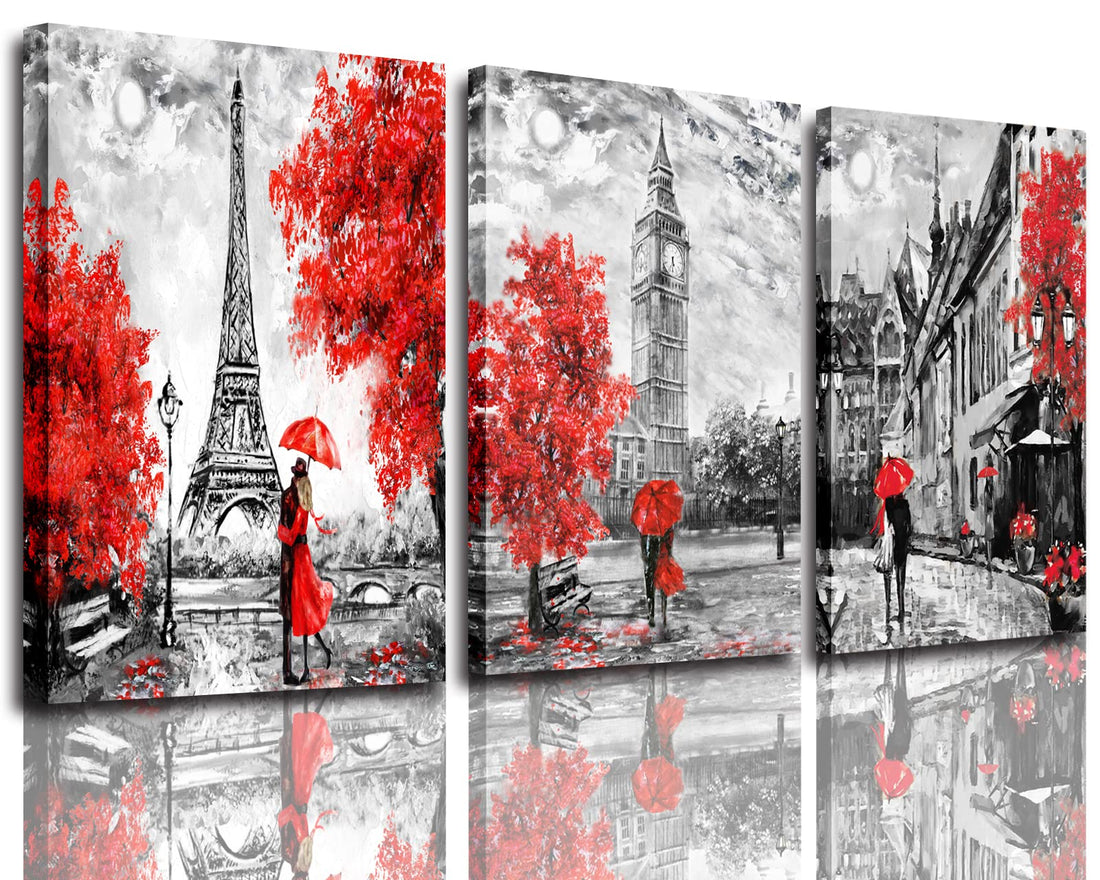 Black and White Wall Art Red Paris Theme Canvas Art Eiffel Tower Wall Paintings London Big Ben Pictures for Bedroom Living Room Wall Decor